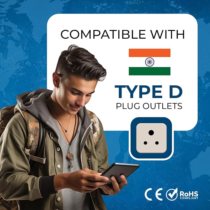 OREI World (USA, UK, China & More) to India (Type D) Travel Adapter Plug - 2 in 1 - CE Certified - RoHS Compliant - 4 Pack - White Color (DB-10-4PK) (Beige)