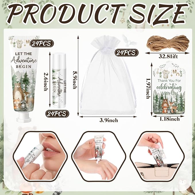 Lounsweer 24 Sets Woodland Baby Shower Hand Cream and Lip Balm Gift Woodland Animals Baby Shower Party Favors for Guest Forest Animals Wilderness Theme Travel Size Hand Lotion Birthday Party Supplies
