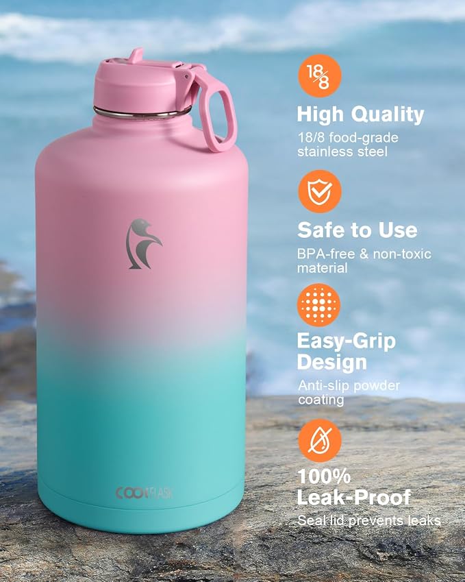 Coolflask 128 oz Gallon Water Bottle Insulated with Straw&3 Lids, Water Jug Large Stainless Steel Metal Vacuum Wide Mouth for Sports, Gym or Office, Non-BPA Keep Cold 48H Hot 24H, Bubblegum Princess