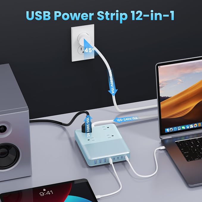 200W USB C Charging Station Power Strip with Cord and Plug,USB C Charger Block,4 AC Outlets,8 USB Ports for MacBook,iPhone 17/16/15,Fast Charging Desktop Charger for Office,Home (Sky Blue)