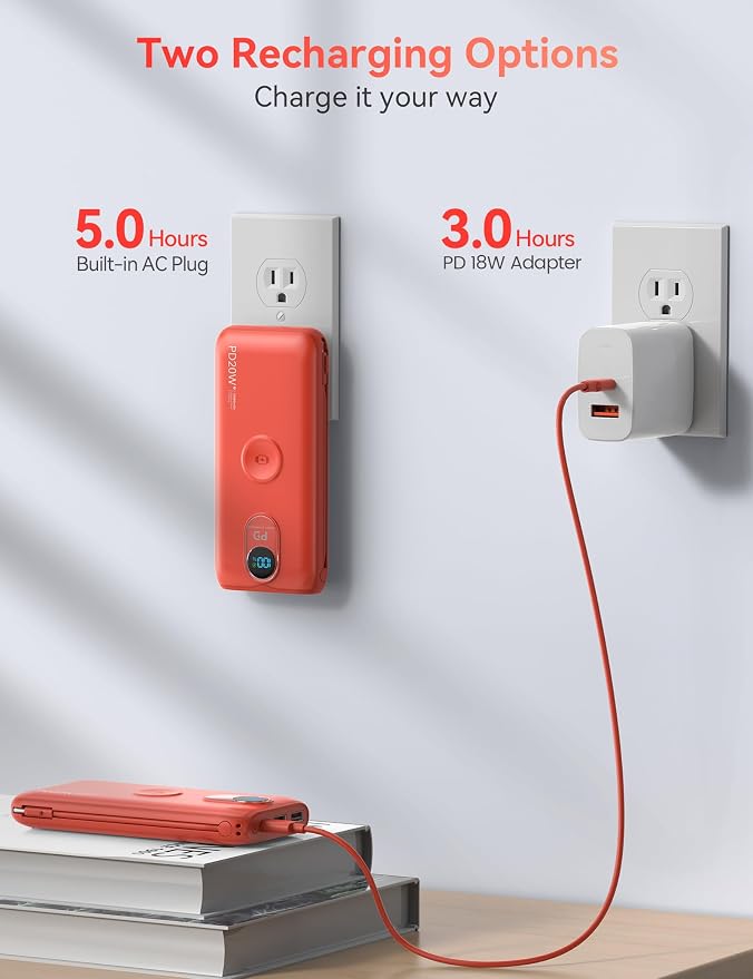 Portable Charger, 10000mAh 20W Fast Charging Power Bank with Built in Cables & AC Wall Plug & LED Display, Travel Essentials Battery Pack Powerbank for iPhone, iPad, iWatch, Samsung, Red
