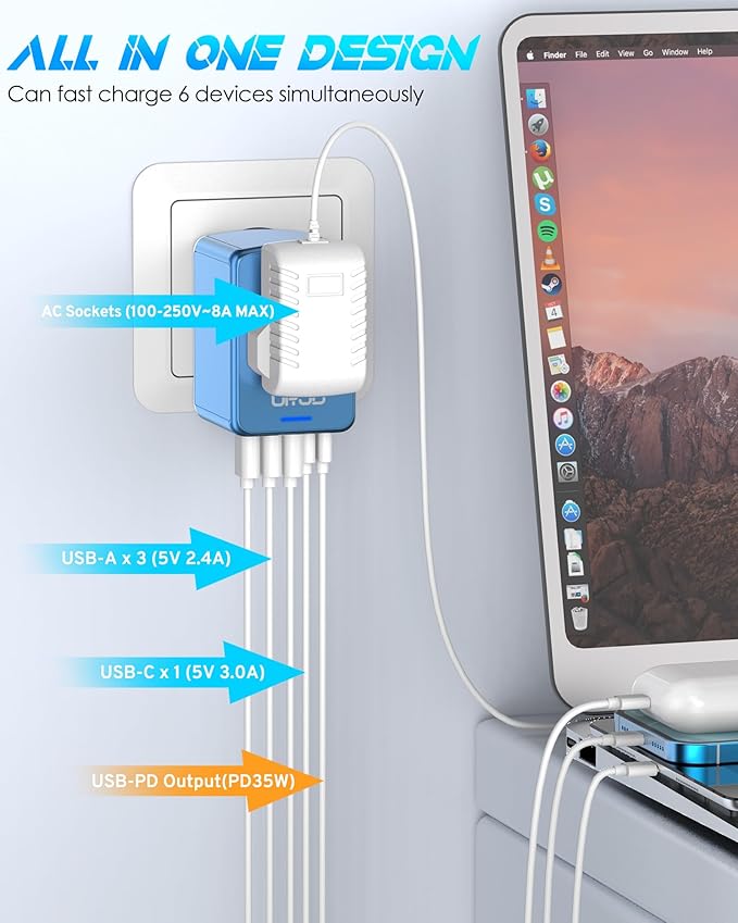 Universal Travel Adapter, 35W PD Fast Charging & 2 USB C 3 USB A & 2500W AC Outlet, International Power Adapter for Europe UK US AU 200+ Countries, Compatible with iPhone 16 15, MacBook, Laptop