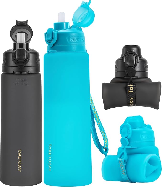 TakeToday Newly Upgraded Collapsible Water Bottles 32oz and 20oz, Compact Foldable Travel Bottle, TSA-Approved Leakproof Silicone Water Bottle for Hiking, Travel, Outdoors