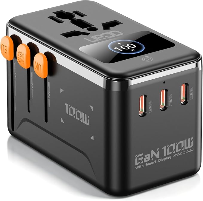GaN 100W Universal Travel Adapter with Smart Display, 3 USB C 1 USB A + 2500W AC Outlet, International Power Adapter for Fast Charging in 200+ Countries, Compatible with MacBook, iPhone and More