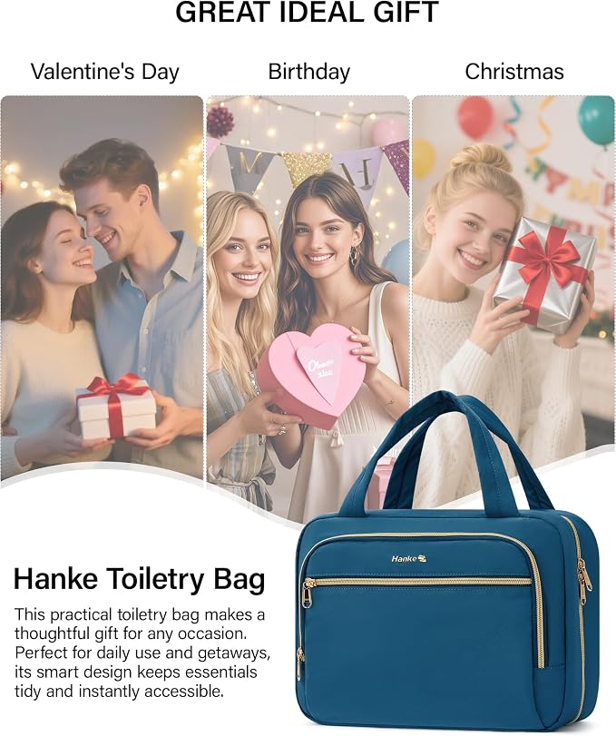 Hanke Hanging Travel Toiletry Bag for Women, Water-Resistant Makeup Organizer with Hook, Cosmetic Bag for Bathroom & Travel Essentials Accessories, Navy Blue