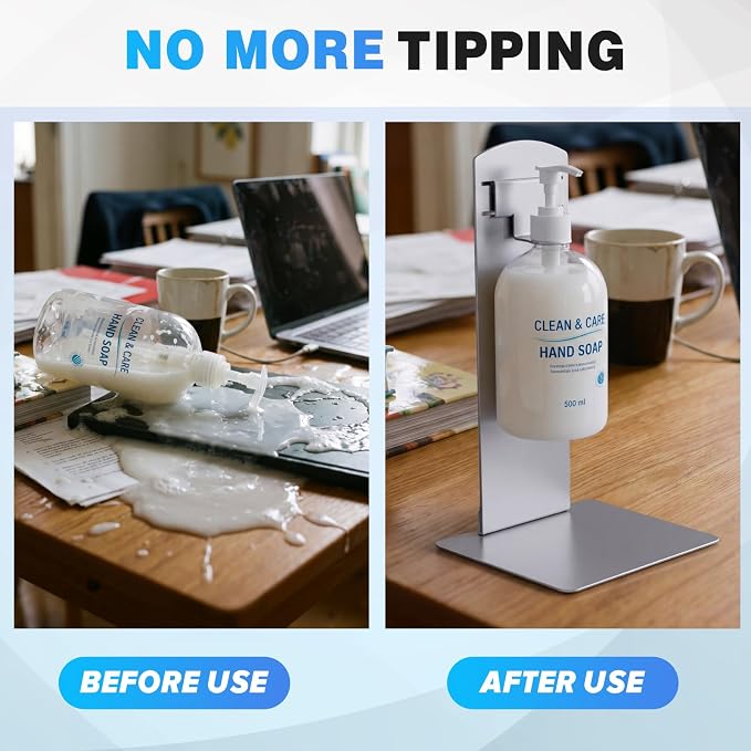 Stainless Steel Countertop Hand Sanitizer Stand Heavy Duty Desktop Soap Dispenser Holder with Drip Tray No-drilling Freestanding Bracket for Wall-mount Dispensers, Office School Public Areas