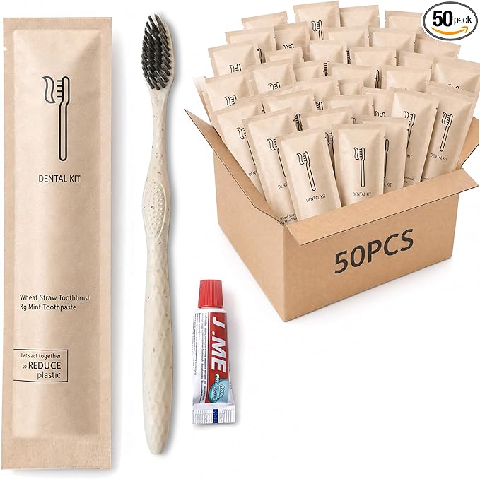 50 Sets Disposable Toothbrushes with Toothpaste (3g) Kit, Individually Wrapped Soft Bristle Travel Toothbrush,Wheat Straw Handle,Bulk for Hotel,Homeless,Nursing Home,Charity,Camping.