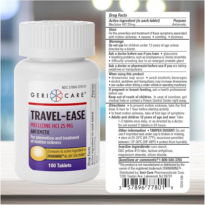 GeriCare Meclizine HCI 25mg Antiemetic Travel-Ease Tablets, Prevents and Treats Motion Sickness, Nausea Relief, 100 Count (Pack of 1)