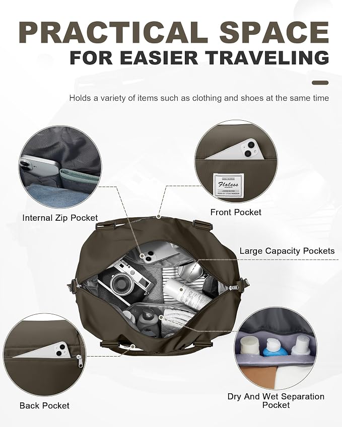 Spirit Travel Duffel - 18x14x8 Inches Weekender Overnight Bag with Shoes Compartment, Trolley Sleeve, Carry On for Airplanes, Sport Tote Gym Bag - Dark Brown