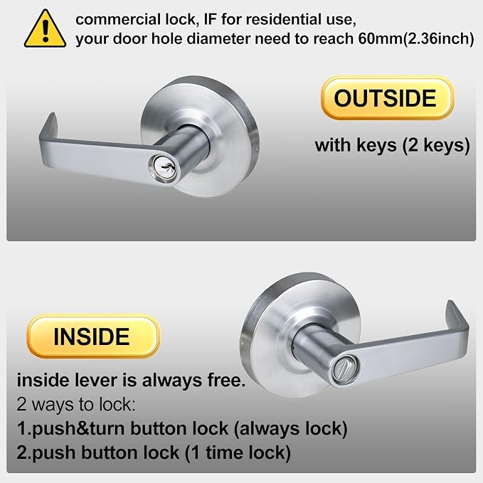 Keyed Entry Grade 2 Commercial Door Locks Heavy Duty Office Door Lever, Non-Handed, UL 3 Hour Fire Rated, ADA Compliant, Satin Chrome Finish 26D, 2-3/4''Backset X-XG-ET-70