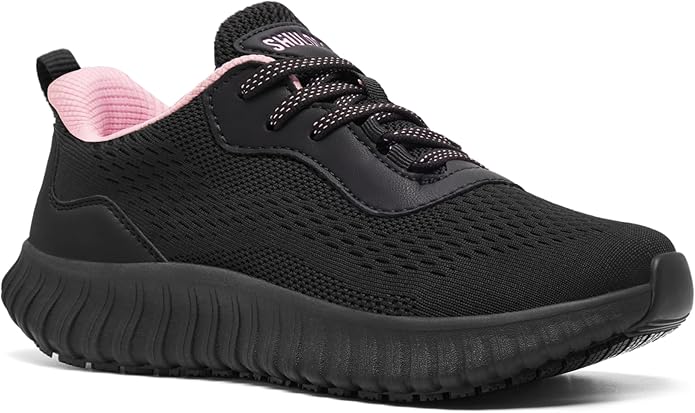 SHULOOK Women's Non Slip Work Shoes Slip-Resistant Kitchen Chef Restaurant Food Service Nurse Shoe Comfortable Mesh Breathable Walking Sneakers Black
