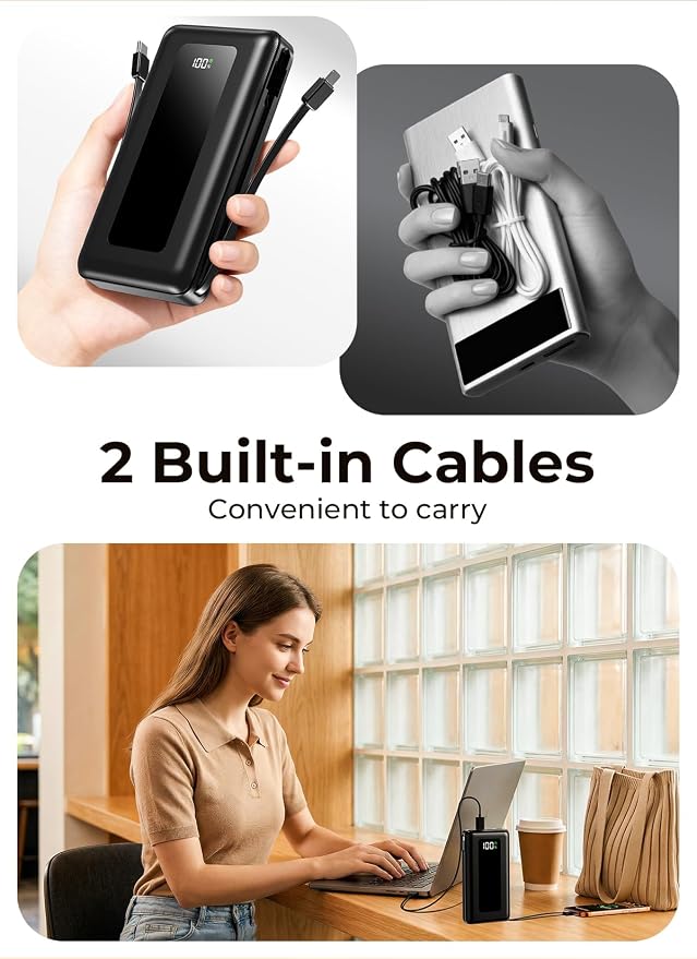 Portable Charger Power Bank 50000mAh, Massive Capacity Travel Essential, Built-in USB-C & iOS Cables, AC Wall Plug, 22.5W Fast Charging Battery Pack with LED Display for Camping, iPhone, Samsung
