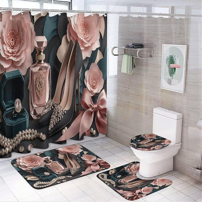 Floral Perfume Jewelry Heels Bathroom Rug Set 4 Piece with Shower Curtain Non Slip Bath Mat Set Microfiber Bathroom Decor Toilet Lid Cover U Shape Rug Waterproof Bathroom Accessories