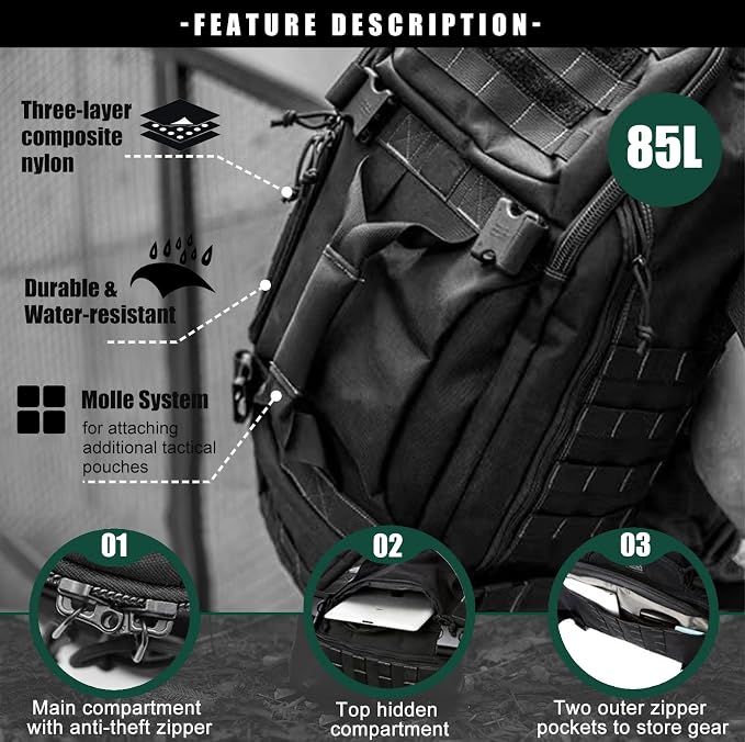 Miramrax Travel Duffle Bag Backpack for Men - Large Tactical Bags Weekender Gym Bag for Overnight Traveling Military Workout Deployment Sports (Black, 80L)
