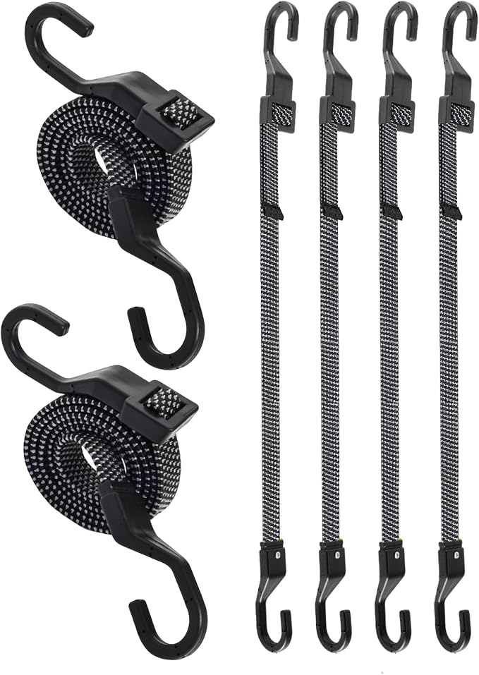 6 Pcs 48 Inch Flat Adjustable Bungee Cords with Hooks, 3X Faster to Adjust The Length, Lucky Straps Black Heavy Duty Bungee Straps for Cargo, Bike, Cart, Tent, Truck, Camping, Outdoor, etc