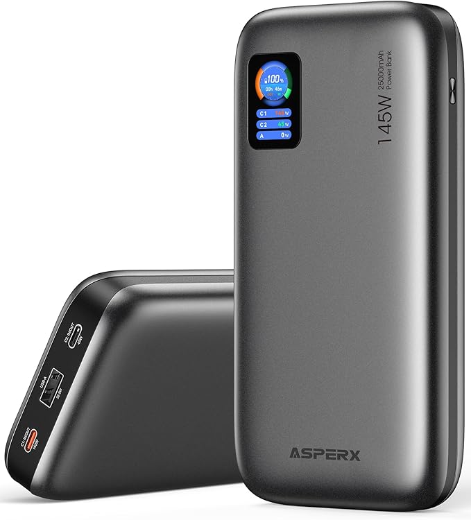 AsperX Laptop Power Bank, 25,000mAh(5S1P) 140W PD 3.1 Fast Charging Portable Charger, TFT Smart Display USB C Battery Pack(92.5Wh) for MacBook/iPhone 17/Dell XPS/Galaxy S25/ipad/HP (Flight-Approved)