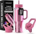 Coldest Tumbler with Handle and Straw - 100% Spill Proof Tumbler with Straw (3 Lids) - Stainless Steel Insulated Leakproof Tumblers for Women & Men - 36 oz (Pink Reflections)