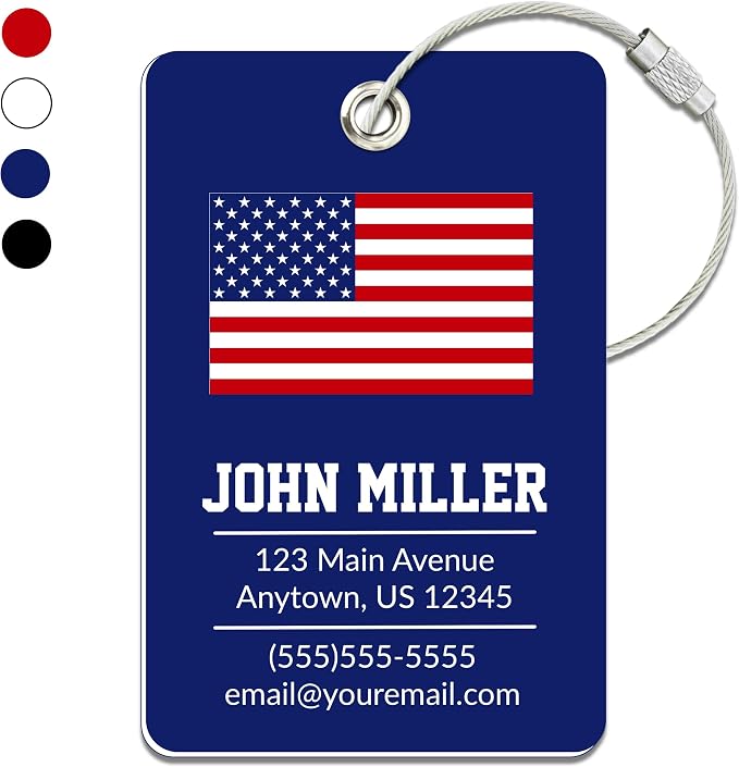 Personalized Luggage Tag with American Flag | Custom Luggage Tags for Suitcases | Kids Backpack Tag | 4 Color Options & Choose Font, Font Color