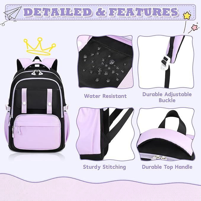 MUSEVOS Girls Backpack, Ideal School Backpack for Girls from Elementary to Teen Years, Kawaii Bookbag Cute Large Capacity (BLACK&PURPLE)