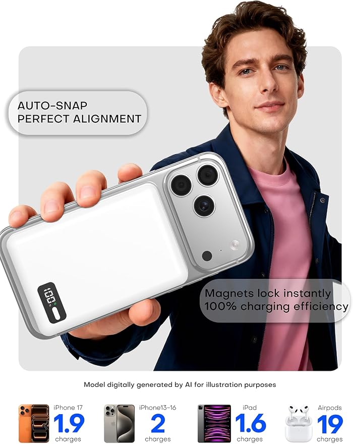 Enyneo Mag.Safe Portable Charger, 10000mAh Battery Pack - Qi2 Certified, 22.5W Fast Charging Wireless Magnetic Power Bank for iPhone 17/ Air/ 16/15/14/13/12 Series, Travel Camping Essential - White