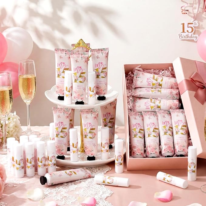 Leelosp 100 Pcs/50 Sets Quinceanera Party Favor Gifts for Guests 15th Thank You Gifts Girl Pink Hand Cream and Lip Balm Sweet 15th Birthday Party Favors for Guests