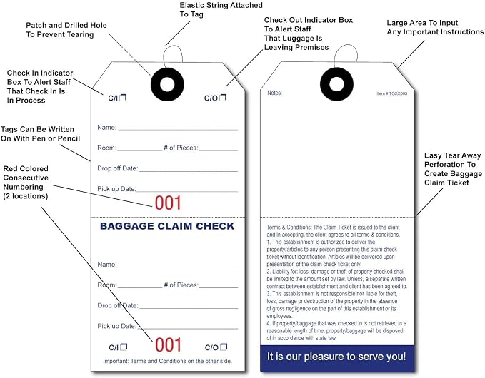 1000 Baggage Claim Check Tags with Red Consecutive Numbering. Elastic Strings Attached to Each tag with Reinforced Eyelet Around Hole Prevents Tearing. Size: 5 1/4" (Height) x 2 5/8" (Width)