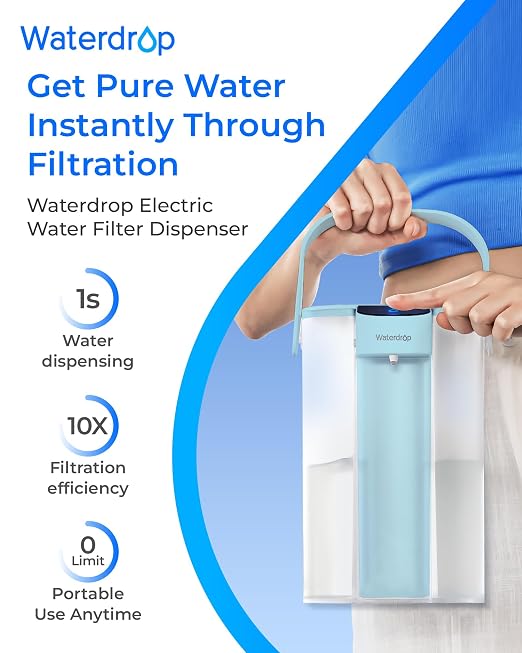 Waterdrop ED01LB Electric Water Filter Pitcher, Reduce 99.6% of Lead and 45+ Impurities, 15-Cup 200-Gallon Capacity, Rechargeable Dispenser, NSF/ANSI 42&53&401&372, Does not Lower TDS, Light Blue