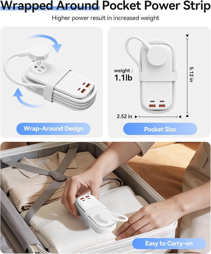 ORICO 100W GaN Power Strip for Laptop, 6 in 1 Multiple Outlets Extension Cord(2 AC Outlets, 2 USB-A, 2 USB-C Ports), 5ft Wrapped Flat Plug for Travel/Office ETL Listed