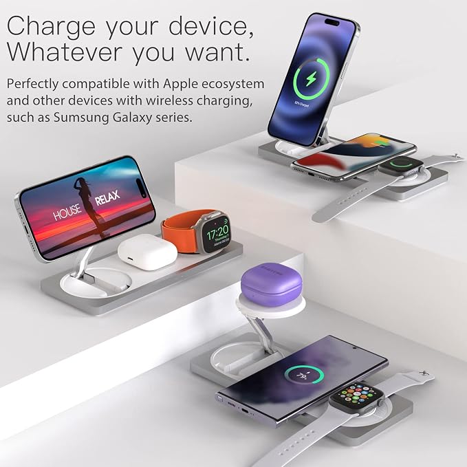 PETINO 3 in 1 Wireless Charging Station for Apple Devices with MagSafe | For iPhone 17/Air/16/15/14/13/12, AirPods & Apple Watch, Foldable Portable Aluminum Charging Stand, Adapter Included