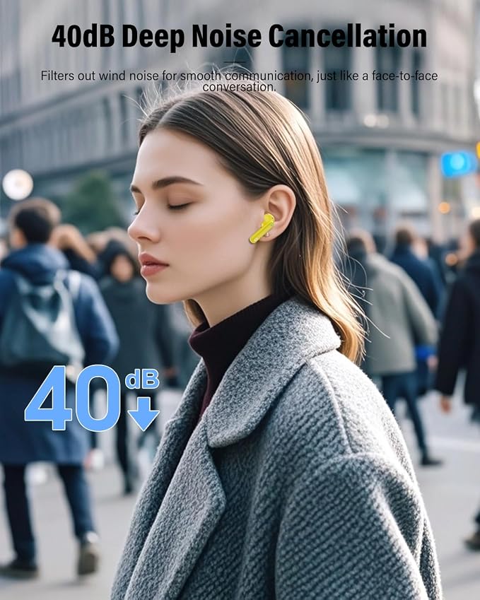 Wireless Earbuds, Bluetooth 5.4 Headphones Bass Stereo, Ear Buds with Noise Cancelling Mic, LED Display in Ear Earphones Clear Calls, IP7 Waterproof Bluetooth Earbuds for Laptop/Phones/Sports, Yellow