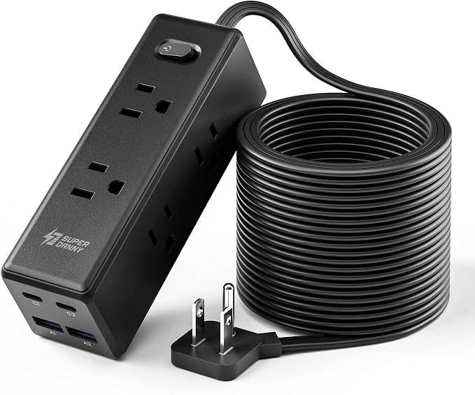 15 Ft Extension Cord with Multiple Outlets, Long Extension with 6 Outlets 4 USB Ports(2 USB C), Flat Plug Surge Protector Power Strip for Home, Office Supplies, Dorm Essentials, Black