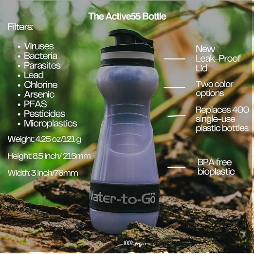 Travel Water Filter Bottle - 18.5oz/55cl Compact Filtered Water Bottle for International Travel - Removes Viruses - Eco-Friendly Bioplastic - New Leakproof Lid