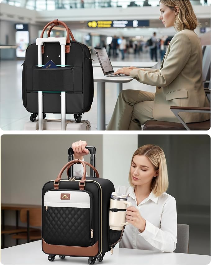 MATEIN Underseat Carry On Luggage with Spinner Wheels, 16 Inch Rolling Laptop Bag Women, Wheeled Briefcase 18x14x8 Personal Item Travel Bag, Small Airline Approved Roller Suitcase for Travel Work
