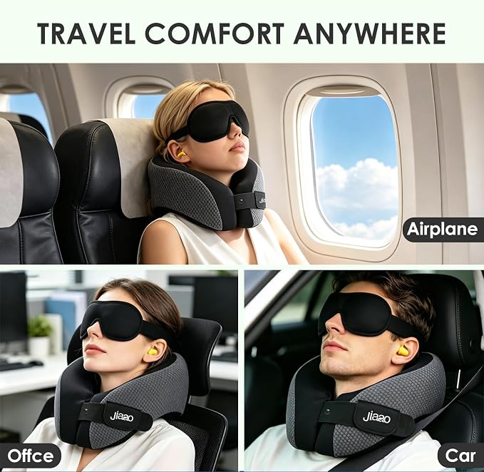 jiaao Neck Travel Pillow Memory Foam 360° Neck Support Pillows for Airplane | Ergonomic Neck Pillow for Long Flight, Airplanes, Cars & Trains, Kit with Eye Mask, Earplugs and Storage Box
