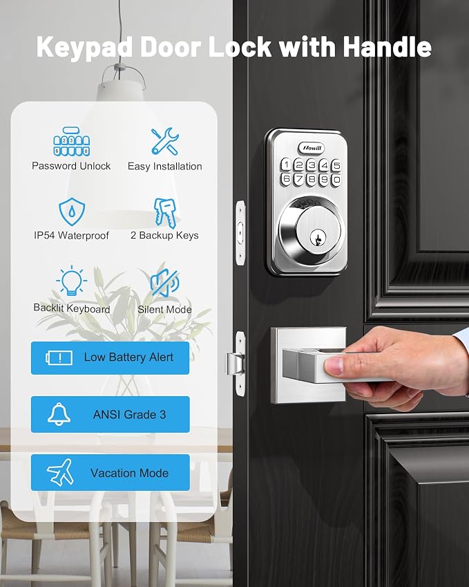 Zowill Keyless Entry Door Lock with 2 Lever Handles, Electronic Keypad Deadbolt, Auto-Locking, Anti-Peeping Password, Digital Code Door Lock, Front Door Handle Sets, Satin Nickel