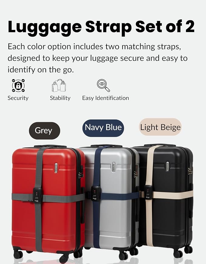 Navy Blue TSA Approved Luggage Straps Set of 2, Precision-Crafted Anti-Burst Adjustable Polyester Suitcase Belts with 3-Dial Combination Lock, Secure Travel Belt for Checked Bags