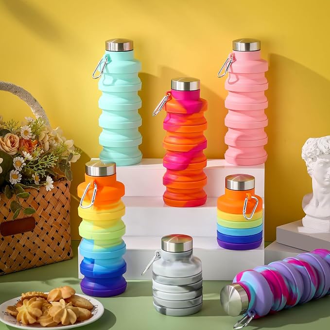 Sunnyray 20 Pack Collapsible Water Bottles Bulk Foldable Water Bottles 17oz Silicone Portable Leak Proof Reusable Sports with Clip for Travel Hiking Camping Outdoor (Tie-dye)