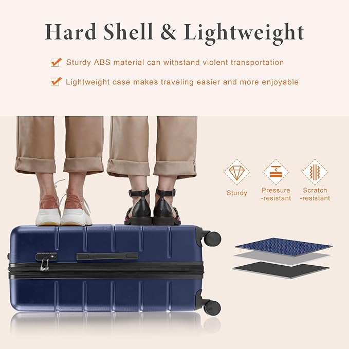 Sweetcrispy 28 Inch Checked Luggage, ABS Lightweight Rolling Hard Shell Suitcase with Smooth Spinner Wheels, Built-in TSA Lock, Durable Travel Suitcase for Business and Vacation Trip, Blue