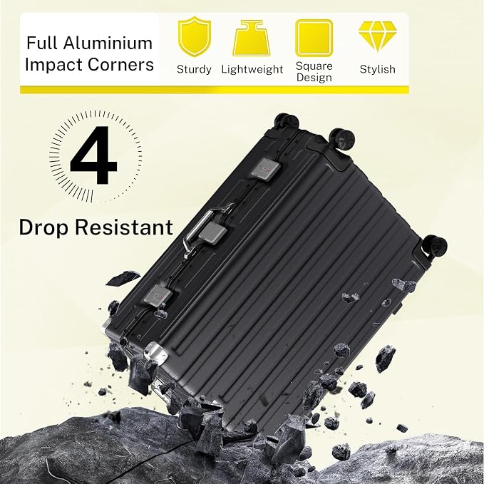 Krute Aluminum Frame Luggage 28 Inch Checked Suitcase with Spinner Wheels TSA Approved No Zipper Hard Shell Luggage PC+ABS Travel Suitcase Black