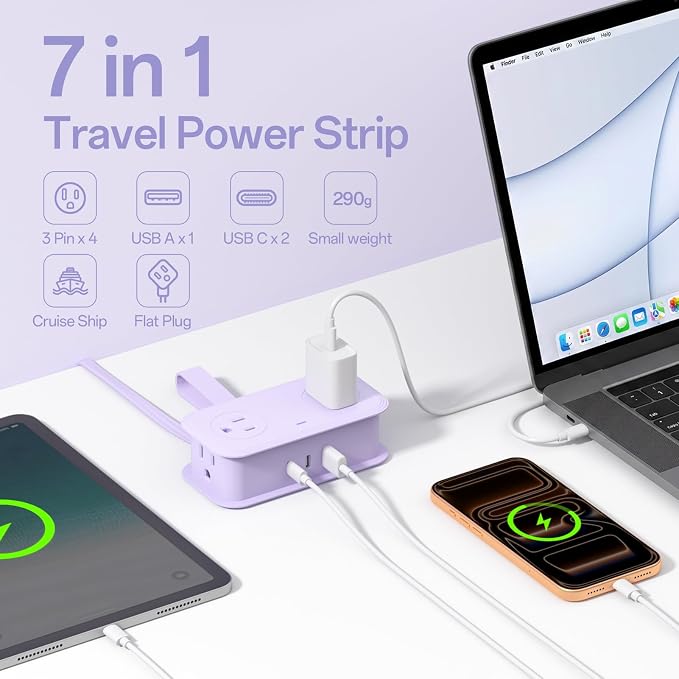 Travel Power Strip, SMALLRT 2 Pcs Extension Cord with Multiple Outlets, 3.3FT Wrapped Extension Flat Plug Power Strip with 4 AC Outlets for Travel, Hotel, Cruise Approved, No Surge Protection, Purple