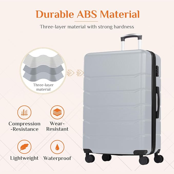 Sweetcrispy 28 Inch Carry on Luggage, Hard Shell ABS Suitcase with Double Spinner Wheels, Lightweight Expandable Rolling Suit Case with TSA Lock, Light Grey