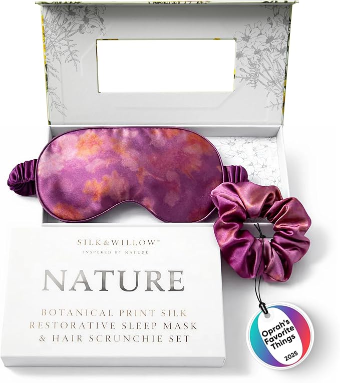 SILK & WILLOW - Botanical Print Pure Mulberry Silk Eye Mask & Scrunchie Gift Set, Luxurious Sleep Eye Mask & Hair Accessory Bundle, Durable Nature-Considerate Wellness Gifts for Women, Hot Peony
