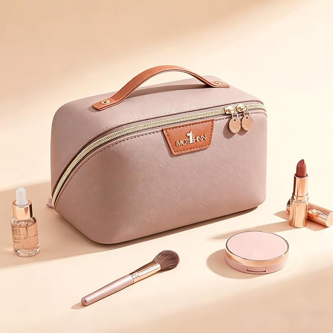 Travel Makeup Bag for Women: 3-in-1 Large Capacity Cosmetics Organizer with 2 Detachable Pouch - Vegan Leather Flat Open Toiletry Bag - Portable Travel Essentials for Full-Sized Bottles(Grey)