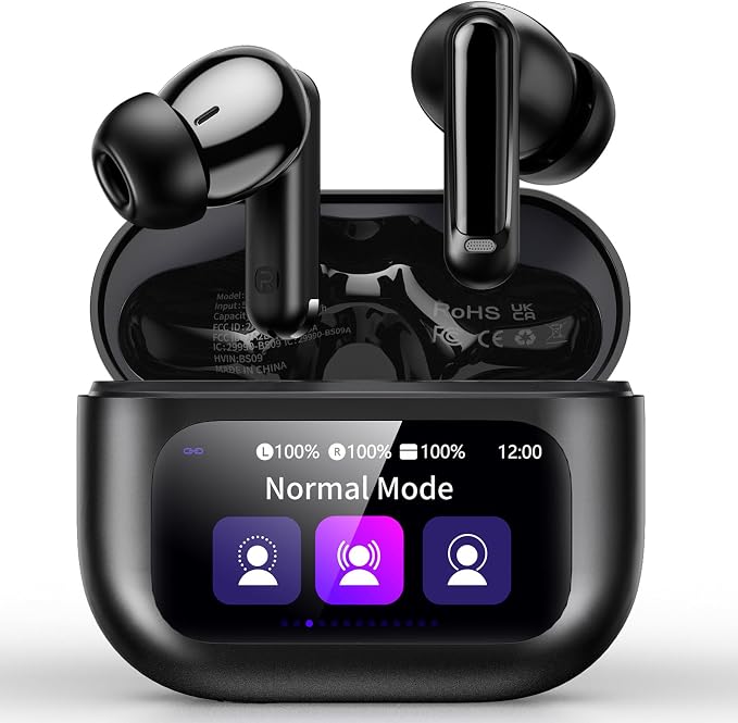Thunelec Wireless Earbuds with Touch Screen, 2026 New Bluetooth 5.4 Headphones with ANC/ENC Mic, 50H HiFi Stereo Ear Buds with 5 EQ Modes, Transparency Mode, IPX7 Earphones for Running/Fitness, Black