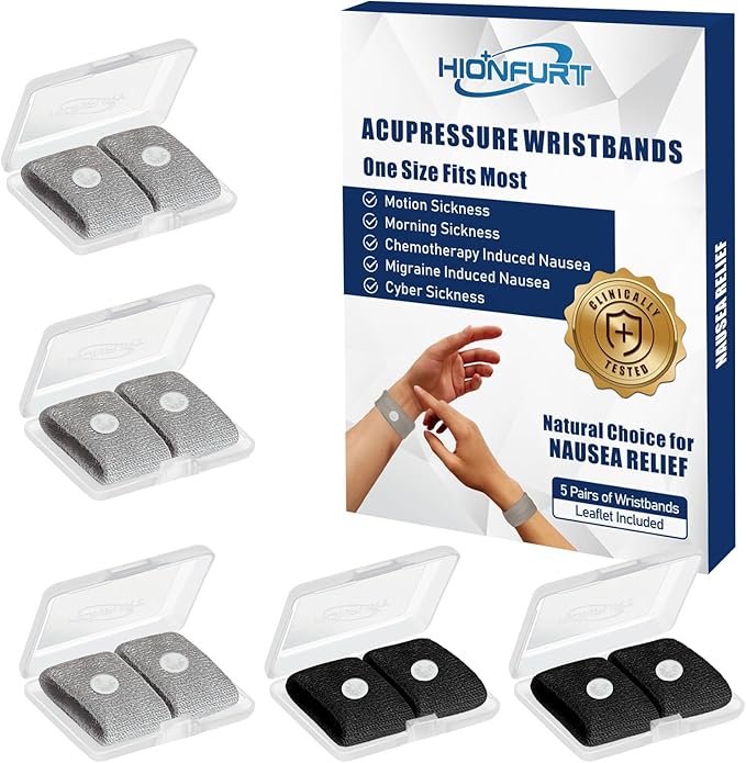 Hionfurt Motion Sickness Bands Anti Nausea Wristband for Adult and Kids Morning Sickness Relief for Pregnant Women Acupressure Nausea Relief for Car, Sea, Air Sickness - 3 Pairs Gray + 2 Pairs Black