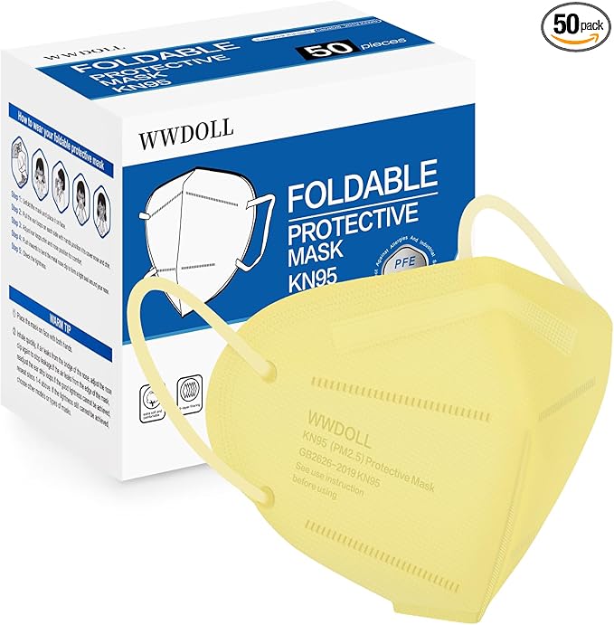 WWDOLL KN95 Face Mask 50 Pack, 5-Layers Breathable KN95 Masks, Yellow
