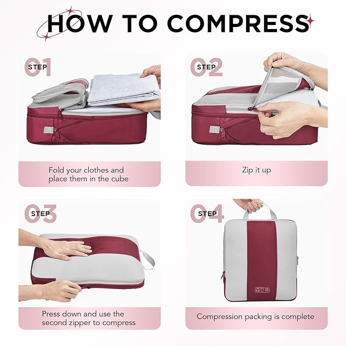 10 Set Compression Packing Cubes for Travel Essentials,Compressible Expandable Packing Cubes for Suitcase,OlarHike Luggage Garment Bags for Travel,Handy Helper for Organizing Clothes(Wine Red)