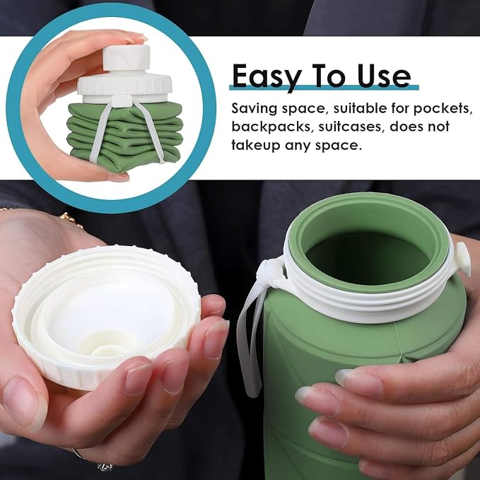 Folding Silicone Water Bottle | Collapsible Travel Water Bottle for Gym, Office, School, Cycling, Hiking & Outdoor Sports | Leak-Proof, Portable Bottle | 600 Ml (Green)