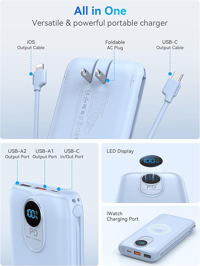 Portable Charger, 10000mAh 20W Fast Charging Power Bank with Built in Cables & AC Wall Plug & LED Display, Travel Essentials Battery Pack Powerbank for iPhone, iPad, iWatch, Pixel, LightBlue