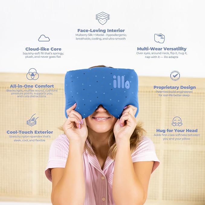 illo Wearable Pillow Sleep Mask | Blackout Weighted Eye Mask for Sleeping Napping & Side Sleepers | Soft Mulberry Silk Blend Patented Light Blocking for Travel Bed Camping Airplane Work | Women & Men
